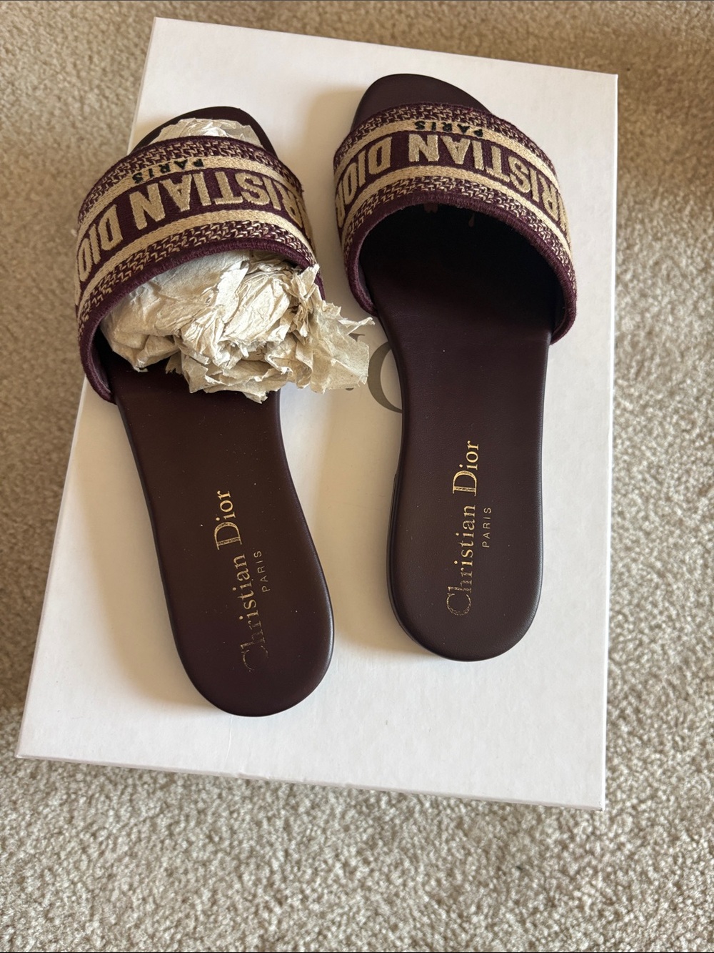 Dior Burgundy and Beige Logo Slide Sandals - Picture 2 of 3